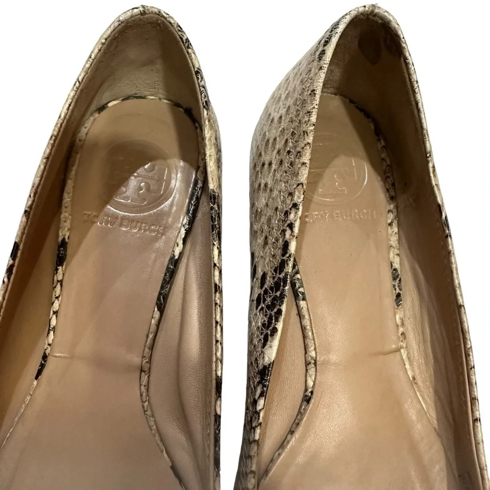 Tory Burch Brown Cream Leather Roccio Python Reva Ballet Flats Goldtone Logo